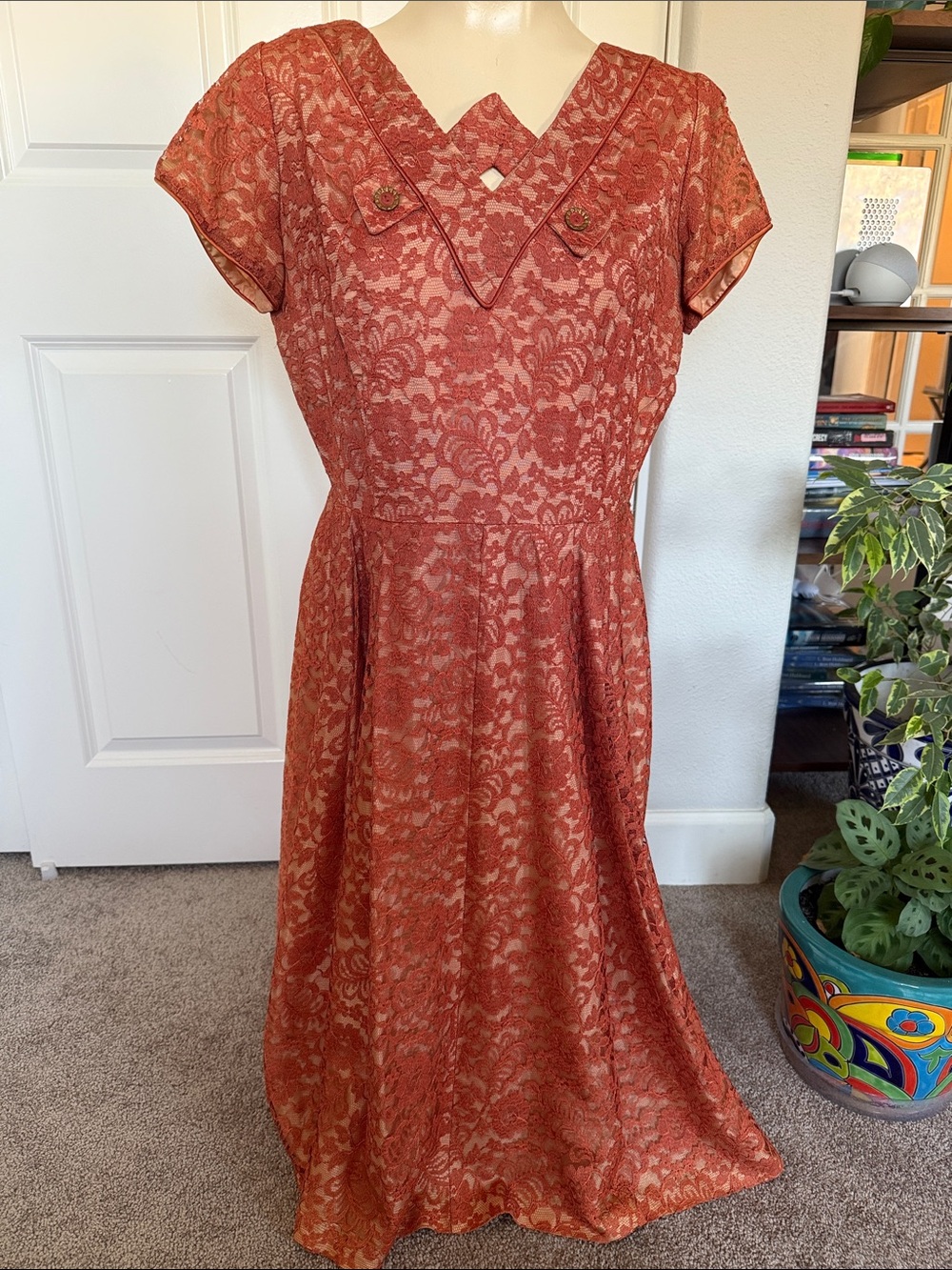 True 40’s Vintage Rust Lace Midi Dress with Decorative Collar